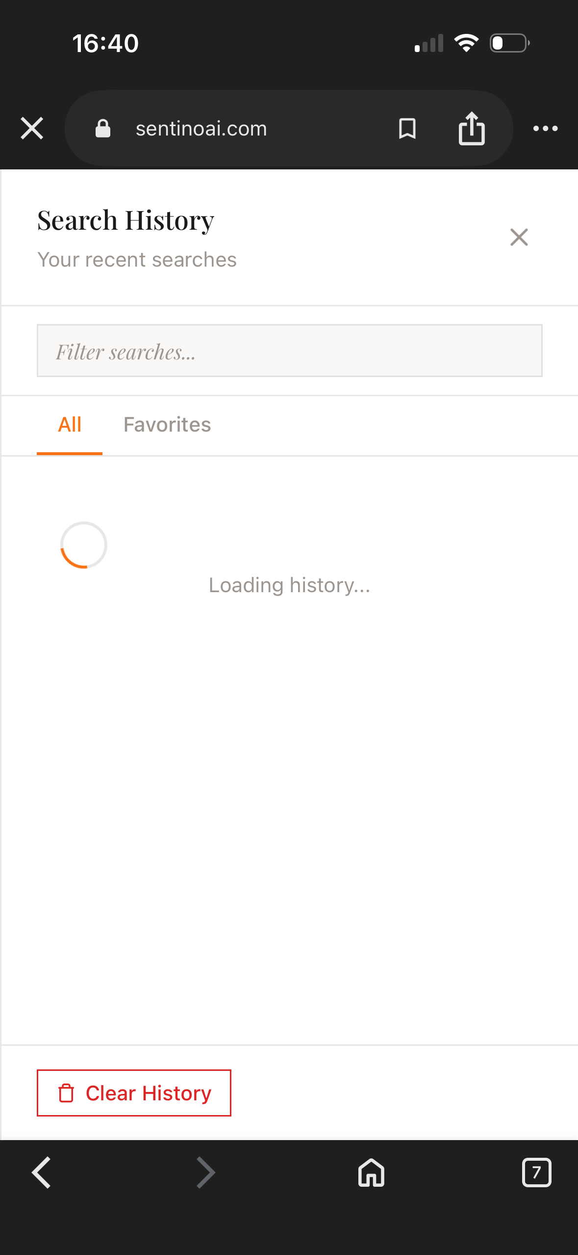 Sentino AI search history on mobile