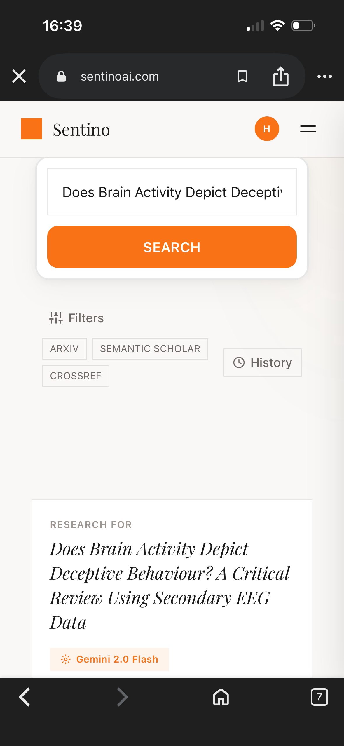 Sentino AI mobile search interface