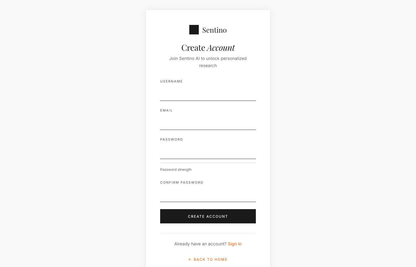 Sentino AI signup page